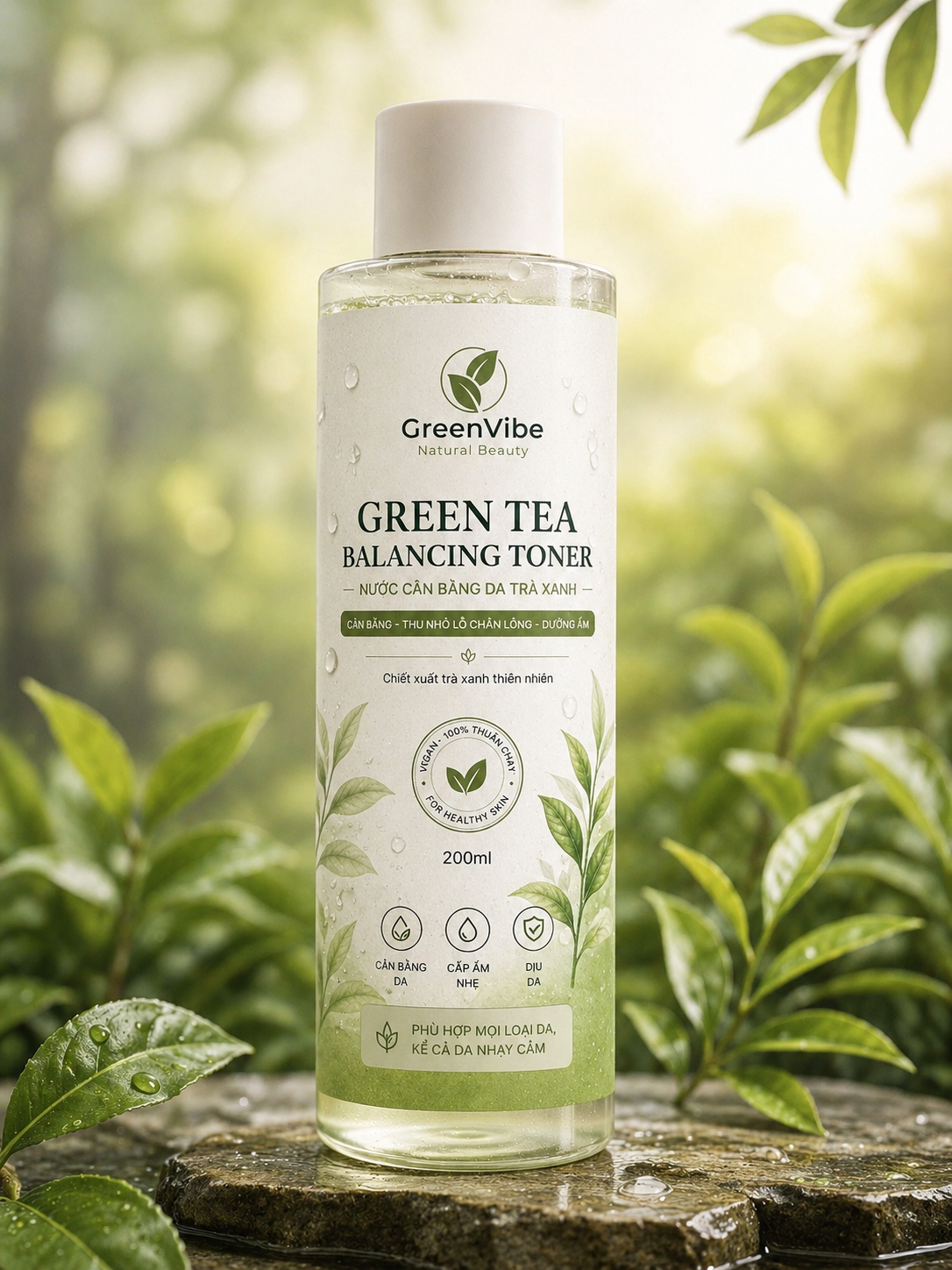 Nước cân bằng Green Tea Balancing Toner GreenVibe chiết xuất trà xanh tự nhiên giúp dưỡng ẩm và cân bằng da.