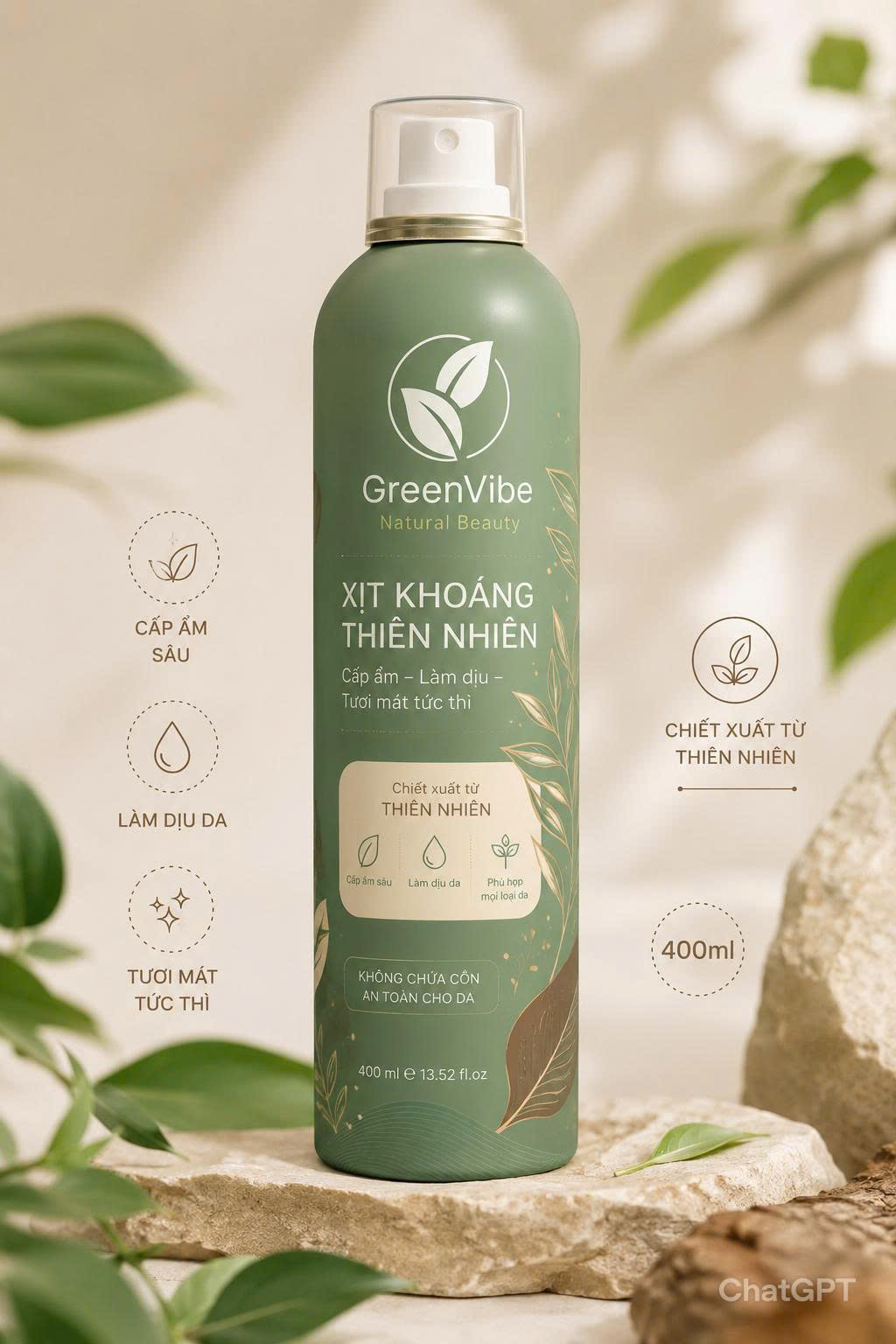 Chai xịt khoáng thiên nhiên GreenVibe Natural Beauty dưỡng ẩm cho da